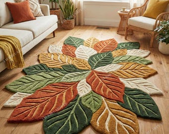 Handgetufteter Blattform Teppich, Natur Inspirierter Wollteppich, Bio Botanischer Teppich