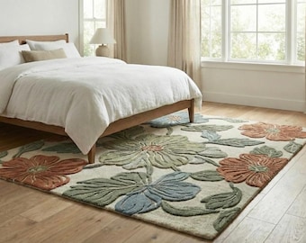 Hand Tufted Wool Flower Rug, Modern Botanical Carpet