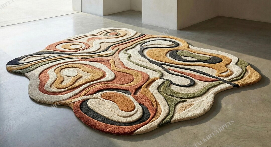 Hand Tufted Wool Rug, Irregular Abstract Organic Shape, High Low Pile ...