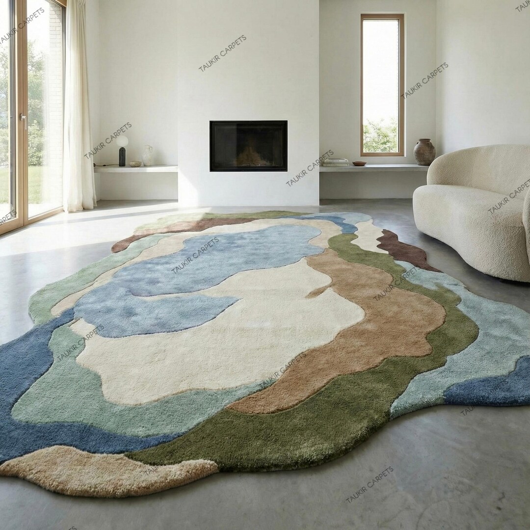 Green/blue Rust Rug Hand Tufted Moss Green & Blue Rust Abstract Rug – Organic Irregular ...