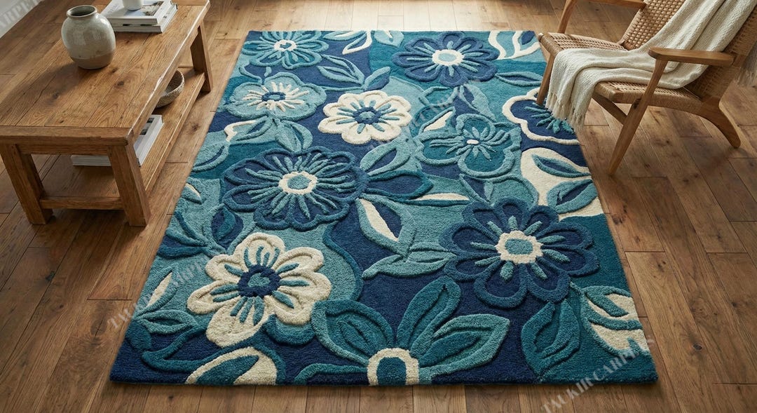Hand Tufted Blue Floral Rug, Modern Wool Area Rug, Teal Navy Flower ...