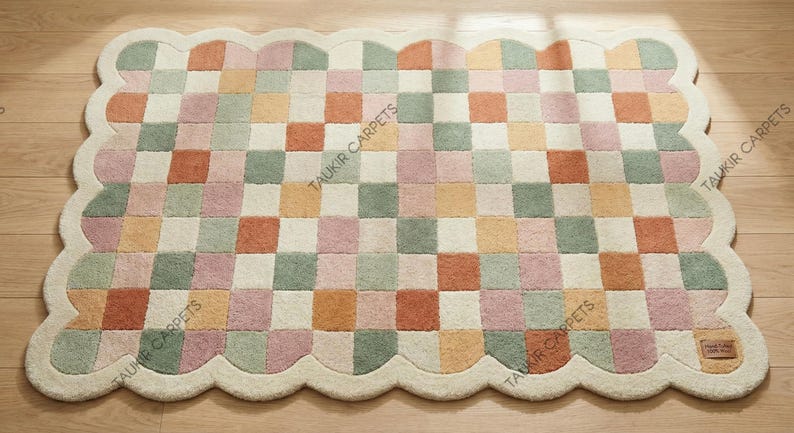 Pink Rup Pattern Pastel Checkerboard Rug With Scalloped Edge | Hand Tufted Blush Pink ...