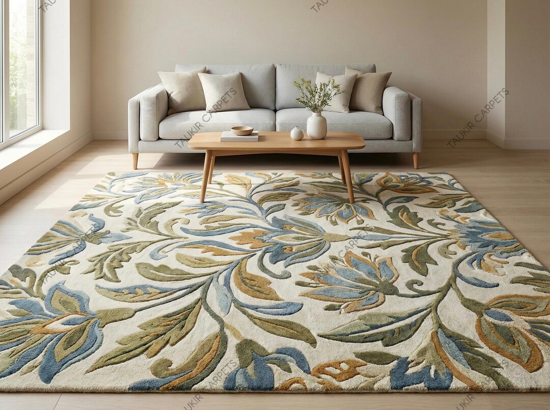 Hand Tufted Floral Wool Rug, Blue Green Botanical Cream Living Room ...