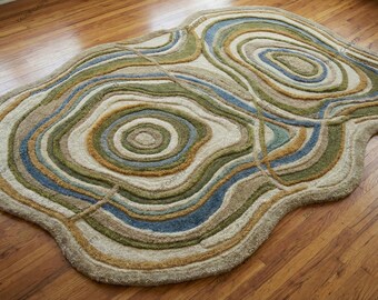 Curvy Sage Green and Blue Area Rug, 3D Sculpted Pile Carpet, Boho Bedroom Rug
