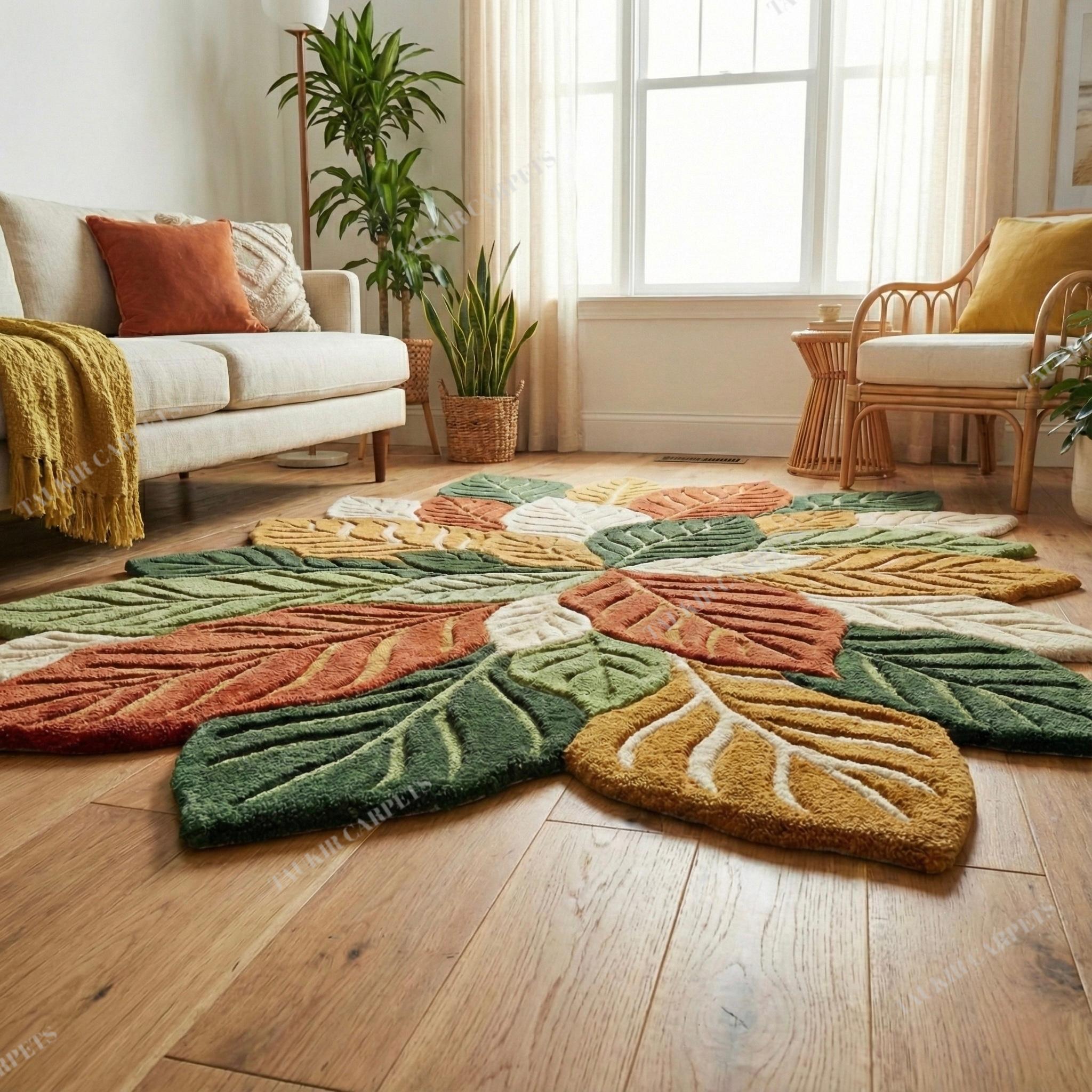 Hand Tufted Leaf Shape Rug, Nature Inspired Wool Area Rug, Organic ...