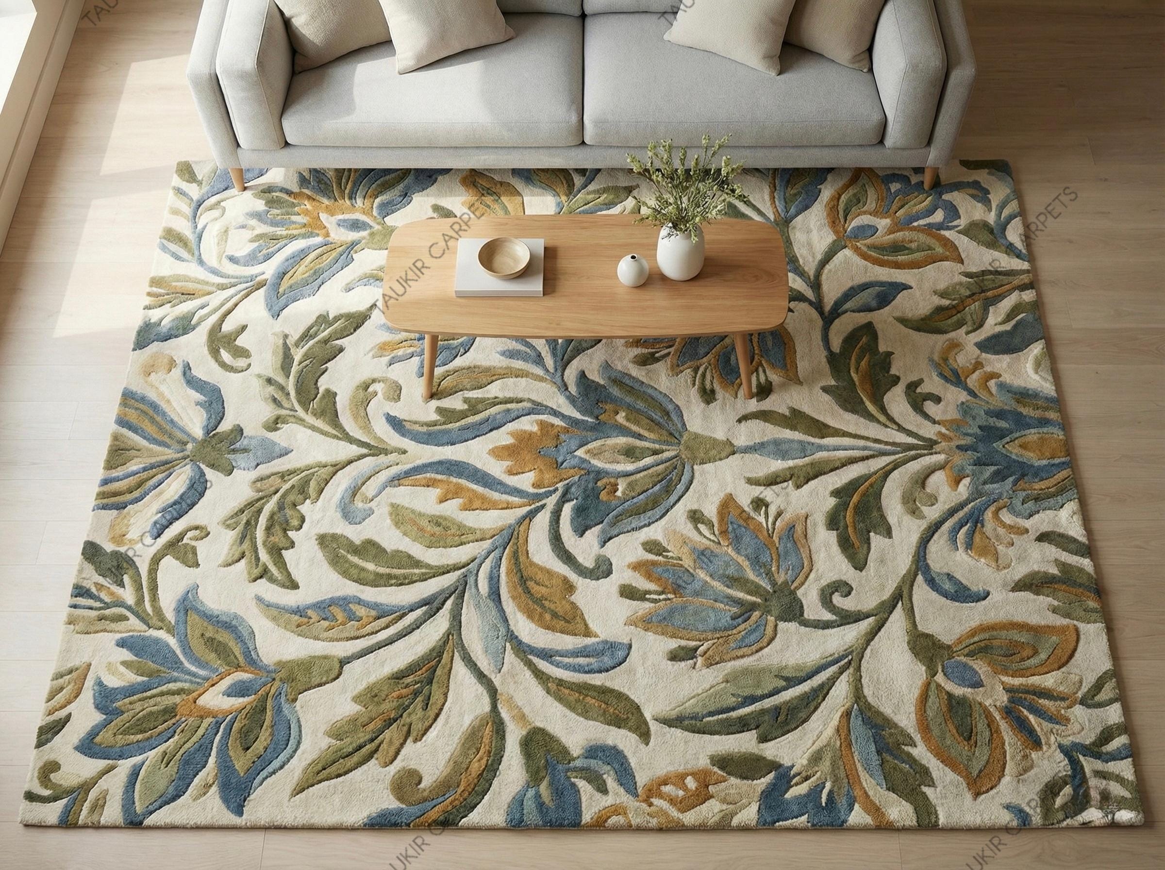 Hand Tufted Floral Wool Rug, Blue Green Botanical Cream Living Room ...