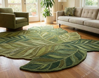 Green Leaf Shaped Rug, Hand Tufted Wool Botanical Area Rug, Organic Shape Carpet LivingRoom