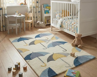 Kids Nursery Rug Umbrella Pattern, Hand Tufted Wool Baby Room Carpet, Soft Playroom & Nursery,