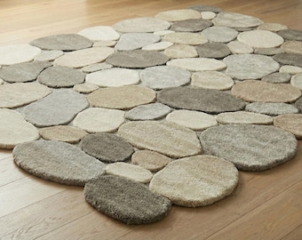 Hand Tufted Wool Pebble Rug | 3D Stone Carpet, Neutral Beige & Grey | By Taukir carpets
