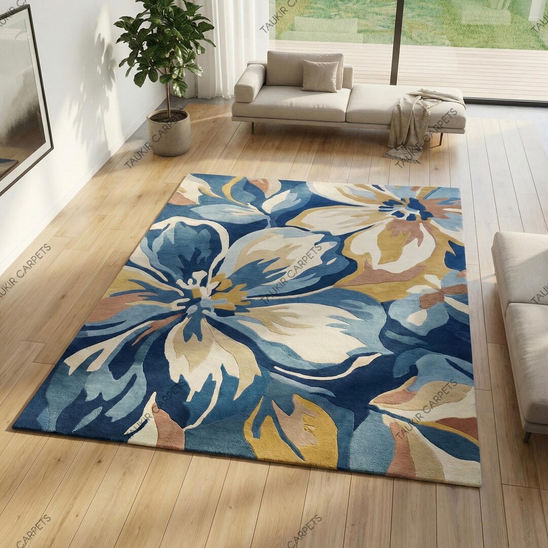 Modern Floral Area Rug | Hand Tufted Blue & Beige Flower Carpet ...