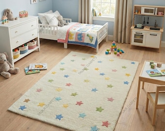 Kids Nursery Star Rug – Hand Tufted Wool Area Rug, Children Room Carpet, Rug for Baby & Toddler, Designed By TAUKIR CARPETS