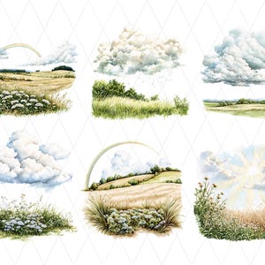May include: Watercolour illustrations of tranquil landscapes featuring fields, clouds, and rainbows. The images depict rolling hills, wildflowers, and diverse weather conditions, including sunny skies and rain. The artwork evokes a sense of peace and natural beauty.
