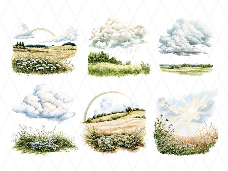 May include: Watercolour illustrations of tranquil landscapes featuring fields, clouds, and rainbows. The images depict rolling hills, wildflowers, and diverse weather conditions, including sunny skies and rain. The artwork evokes a sense of peace and natural beauty.