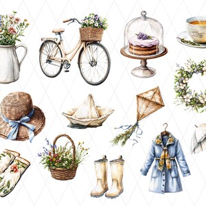May include: Watercolour illustration of various spring and summer items. Includes a bicycle with a basket of flowers, a cake under a glass dome, a teacup, a wreath, a hat, a kite, a coat, an umbrella, gloves, a basket of flowers, a pitcher of flowers, and wellington boots.