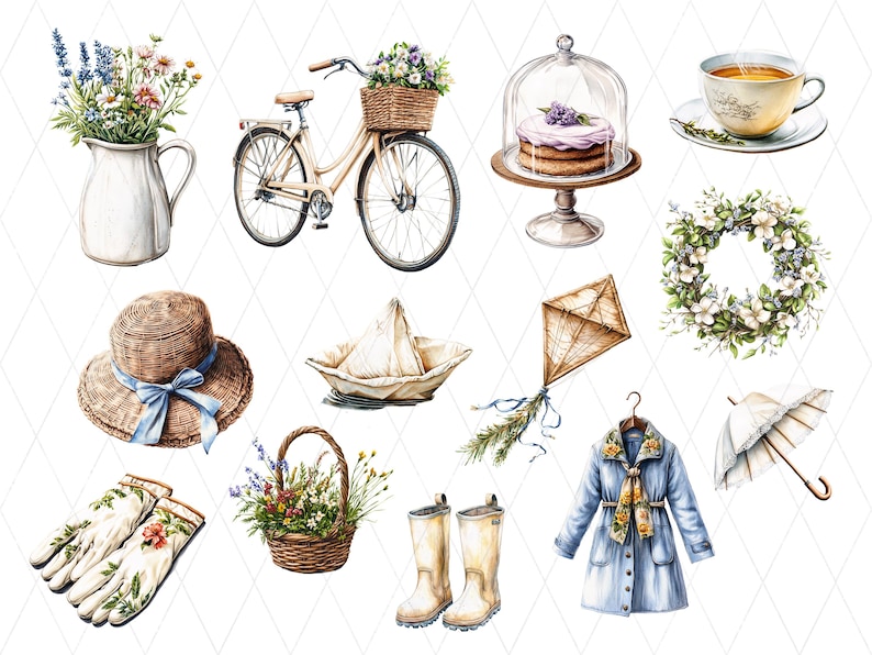 May include: Watercolour illustration of various spring and summer items. Includes a bicycle with a basket of flowers, a cake under a glass dome, a teacup, a wreath, a hat, a kite, a coat, an umbrella, gloves, a basket of flowers, a pitcher of flowers, and wellington boots.