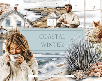 Coastal Winter Digital Watercolour Clipart | Transparent PNG clipart bundle | Coastal clipart | Commercial Use | Digital Download