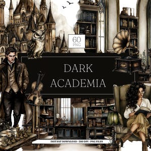May include: Watercolor illustration with a dark academia theme. Features a castle, owl, chess set, violin, gramophone, clock, and a person reading. The text "DARK ACADEMIA" is displayed on a black banner.