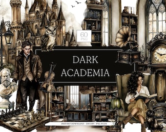 Puede incluir: Ilustración en acuarela con temática de dark academia. Presenta un castillo, un búho, un juego de ajedrez, un violín, un gramófono, un reloj y una persona leyendo. El texto "DARK ACADEMIA" se muestra en una pancarta negra.
