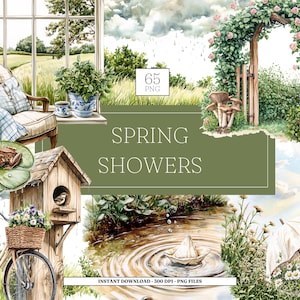 May include: A watercolour illustration with a spring theme. It features a cosy armchair, a birdhouse, a bicycle with a basket of flowers, and a garden archway with roses. The text "Spring Showers" is displayed on a green banner.
