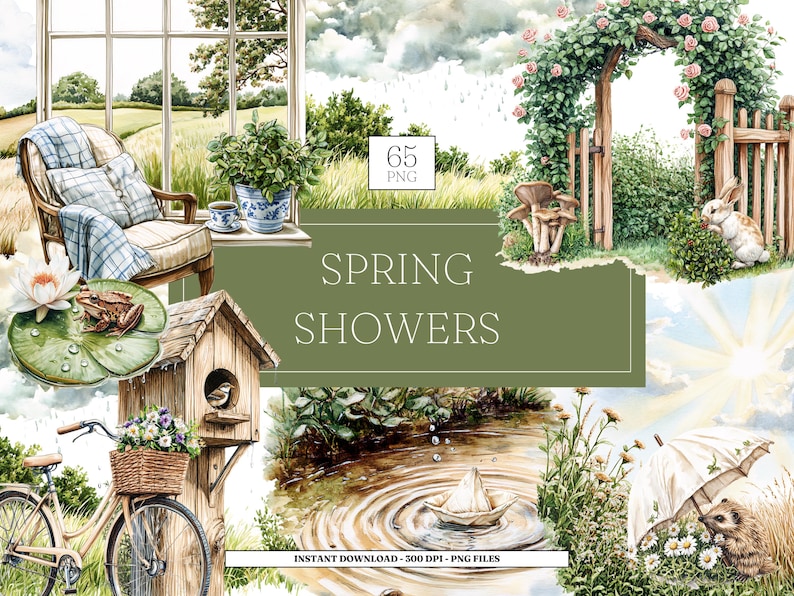 May include: A watercolour illustration with a spring theme. It features a cosy armchair, a birdhouse, a bicycle with a basket of flowers, and a garden archway with roses. The text "Spring Showers" is displayed on a green banner.