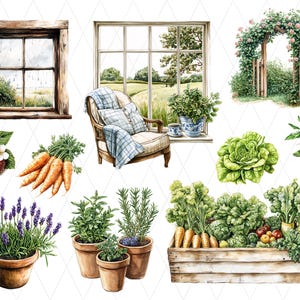 May include: Watercolour illustrations of garden scenes, featuring a wooden window, a comfortable armchair with a checked blanket, and a rose arch. Includes strawberries, carrots, lavender, herbs, and a wooden crate of vegetables.