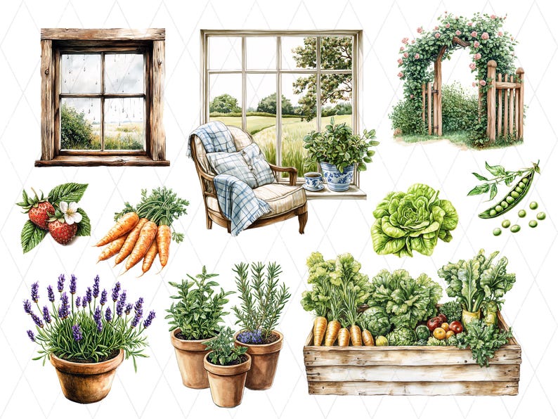May include: Watercolour illustrations of garden scenes, featuring a wooden window, a comfortable armchair with a checked blanket, and a rose arch. Includes strawberries, carrots, lavender, herbs, and a wooden crate of vegetables.