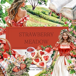 Strawberry Meadow Digital Watercolour Clipart | Transparent PNG clipart bundle | Cottagecore clipart | Commercial Use | Digital Download