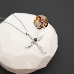 Memorial Photo Projection Necklace, Custom Cross Necklace, Wings Necklace, Gifts for Her Him, Photo Necklace, Birthday Gift for Mom