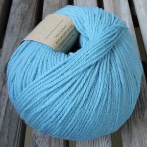 May include: A skein of light blue yarn, made of 100% pure wool. The yarn is produced in Turkey and designed exclusively in the USA. The label reads "Fibra Natura Yarns" and "www.universalyarn.com".