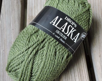 May include: A skein of green Drops Alaska yarn, a 100% wool yarn, with a black label that reads "Drops Alaska Uni Colour A wool classic".