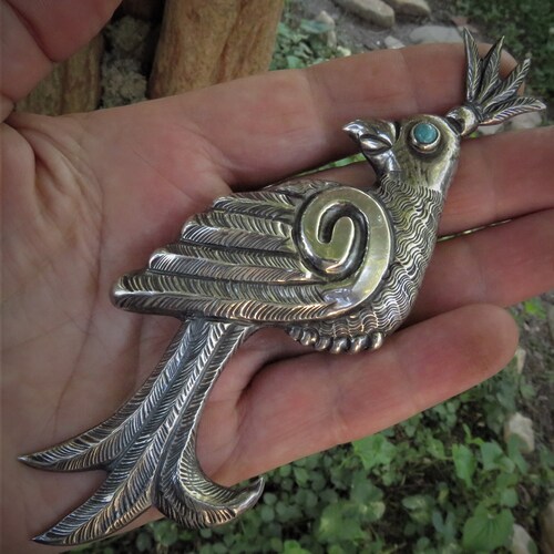 Vintage shops XL Sterling Silver Bird Brooch/Lapel Pin Natural Turquoise Over 5 inches Tall - Lovely Estate Piece!