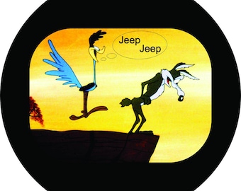 May include: A circular graphic featuring a cartoon scene with a blue and yellow Road Runner bird and a brown Wile E. Coyote standing on a cliff edge against a yellow sky. The Road Runner has a speech bubble containing the text Jeep Jeep.