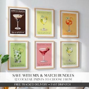 May include: Six framed wall art prints featuring illustrations of cocktails including Espresso Martini, Limoncello Spritz, Aperol Spritz, Mojito, Strawberry Daiquiri, and Hugo Spritz. Each print displays the drink name and the text Enjoy any night of the week.