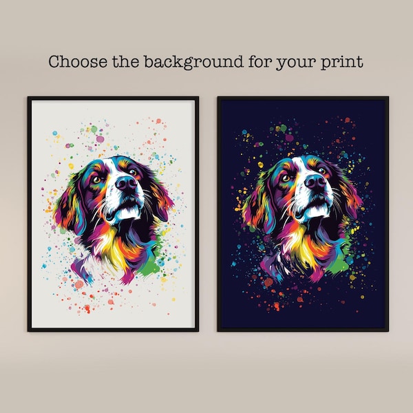 Colourful Spaniel Dog Print: Modern Bright Vibrant Art, Gallery Wall Poster, Rainbow Paint Splatter Wall Art