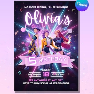 Op de afbeelding: Een levendige verjaardagsuitnodiging met drie geanimeerde figuren tegen een sterrenachtergrond met muzieknoten en lichtstralen. De uitnodiging luidt "Olivia's 5e verjaardag" met de datum, tijd en RSVP-informatie.