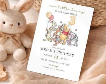 Winnie the Pooh 3rd Birthday Invitation, Our Little Hunny Party Invite (Canva Template)