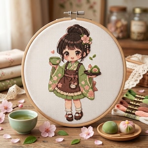 Anime Cross Stitch Pattern: Kawaii Girl Drinking Tea, Kawaii Anime Needlework, Modern Counted Cross Stitch Embroidery PDF