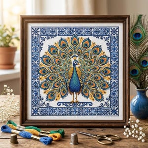 Peacock Cross Stitch Pattern: Majestic Regal Bird, Blue Azulejo Tile Frame Botanical Embroidery PDF