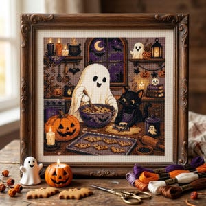 May include: A framed cross-stitch embroidery depicting a ghost and a black cat baking in a kitchen. The scene features a jack-o'-lantern, a purple bowl, bat-shaped cookies on a tray, candles, and a window with a crescent moon and bats.