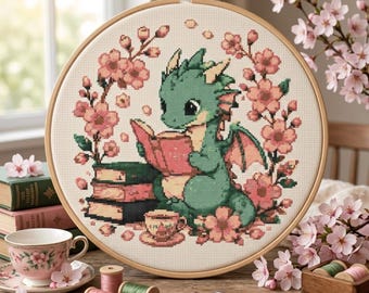 Dragon Cross Stitch Pattern: Cherry Blossom, Fantasy Gothic Needlework, Modern Counted Cross Stitch Embroidery PDF