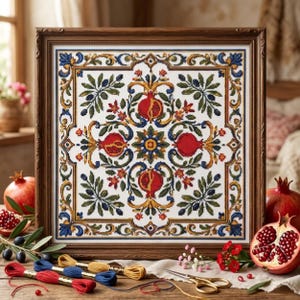 May include: A square cross-stitch embroidery in a dark wood frame featuring a symmetrical pattern of four red pomegranates surrounded by blue, gold, and green floral and leaf motifs on a white fabric background, displayed with embroidery floss.