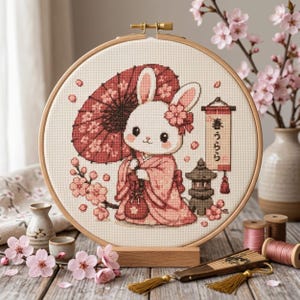 かわいいうさぎのクロスステッチパターン：日本の桜うさぎ - 春の刺繍デザイン、日本の禅刺繍PDF