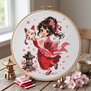 Kitsune Cross Stitch Pattern: Anime Girl With Fox Japanese Embroidery, Sashiko Style Needlework, Kawaii Stitch Pattern PDF
