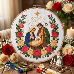Peut inclure: Un tambour à broder circulaire en bois contenant une broderie au point de croix représentant la Nativité. Le motif montre Marie, Joseph et l'enfant Jésus entourés d'une couronne de roses rouges et jaunes sous une étoile dorée.