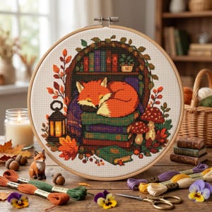 May include: A circular wooden embroidery hoop containing a cross-stitch pattern of a sleeping orange fox resting on a stack of books inside a bookshelf. The design includes autumn leaves, a lantern, and mushrooms on a white fabric background.