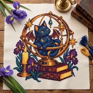 May include: A cross-stitch embroidery on white fabric featuring a dark blue cat with small wings sitting inside a golden circular frame. The design includes two stacked books, a lit candle, and purple iris flowers, all rendered in detailed thread work.