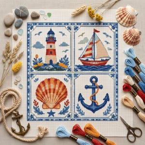 Lighthouse Cross Stitch Pattern: Sailboat and Seaside Shells, Coastal Nautical Decor Embroidery PDF