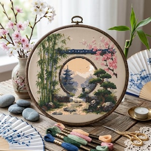 Japanese Garden Moon Gate Cross Stitch Pattern: Serene Oriental Japanese Embroidery, Sashiko Style Needlework, Kawaii Stitch Pattern PDF