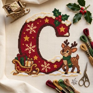 Può includere: Un motivo a punto croce della lettera C in rosso scuro, decorato con stelle gialle, fiocchi di neve bianchi e neve. Una renna marrone con una sciarpa verde si trova accanto, vicino a una slitta rossa con regali, agrifoglio e filati.