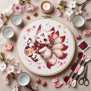 Kitsune Fox Cross Stitch Pattern: Folklore Lantern Design Mystical, Woodland Animal Needlework, Modern Counted Cross Stitch Embroidery PDF
